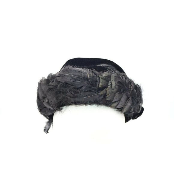 1950s Black Velvet Ostrich Feather Breton Hat Sear - Picture 2 of 6